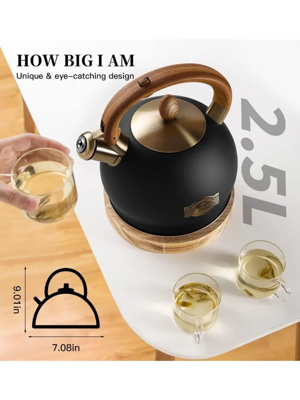 Black Kitchen Whistling Teakettle 2.64 Quart Stainless Steel Stovetop Induction